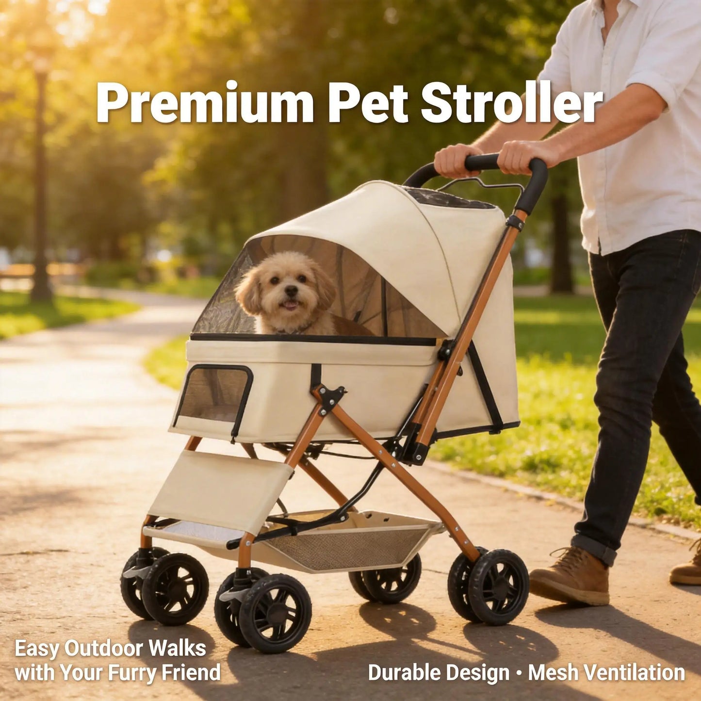 Premium Pet Stroller With Large Space, 4-wheel Stable Pet Cart for Small Medium Dogs Cats, Portable Travel Stroller for Camping