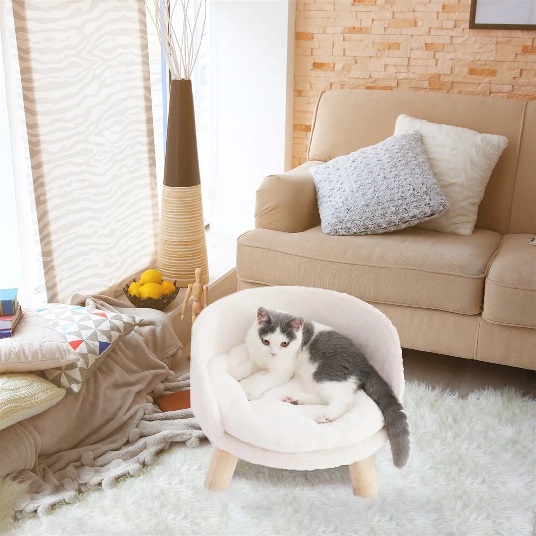 Luxury Soft Warm Plush Cat Bed Nesting Chair with Wood Legs Washable Waterproof Cushion Pad Pet Bed for Small Animals