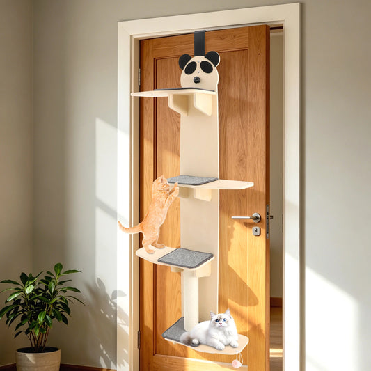 Door Mounted Vertical Cat Tree, 4-Tier Cat Tree with Hook and Loop Fasteners Door Hanging Cat Climber with Scratching Post and Tease Cats Ball for Bedrooms, Living Rooms, Pet Rooms