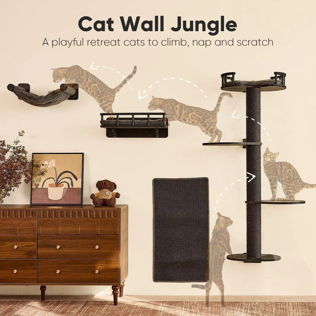 Wall Mounted Cat Furniture With Hammock Bed And Scratching Pad