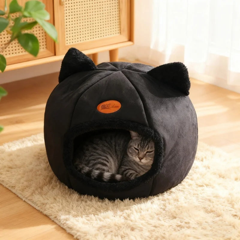 Black New Deep Sleep Comfortable Winter Cat bed Small mat Basket Puppy House products Pet tent Comfortable Cave