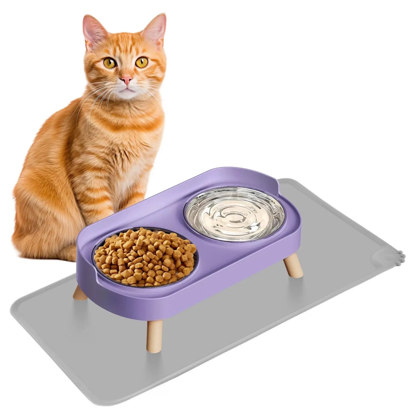 Elevated Cat Bowl, Raised Cat Food and Water Bowl Set for Indoor Cats, Splash Proof with  Stainless Steel Pet Food Bowls for Cats and Puppies, Whisker Fatigue and Dishwasher Safe - White