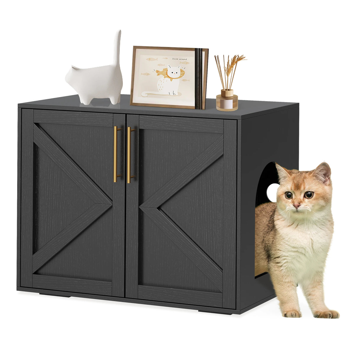HiMISS Hidden Cat Litter Box Enclosure With Barn Doors