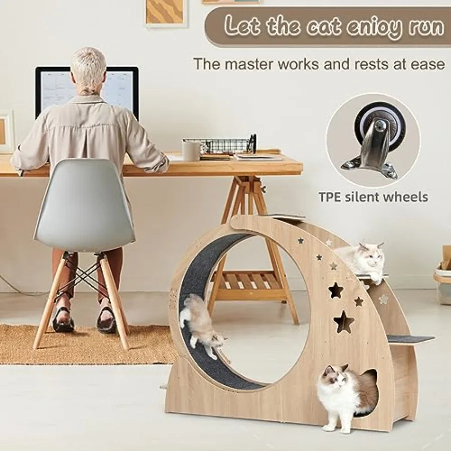 5-in-1 Cat Wheel for Indoor Cats 4.3 High Large Exercise Wheel with Silent Operation Durable Plastic and Wood Finish Compact De