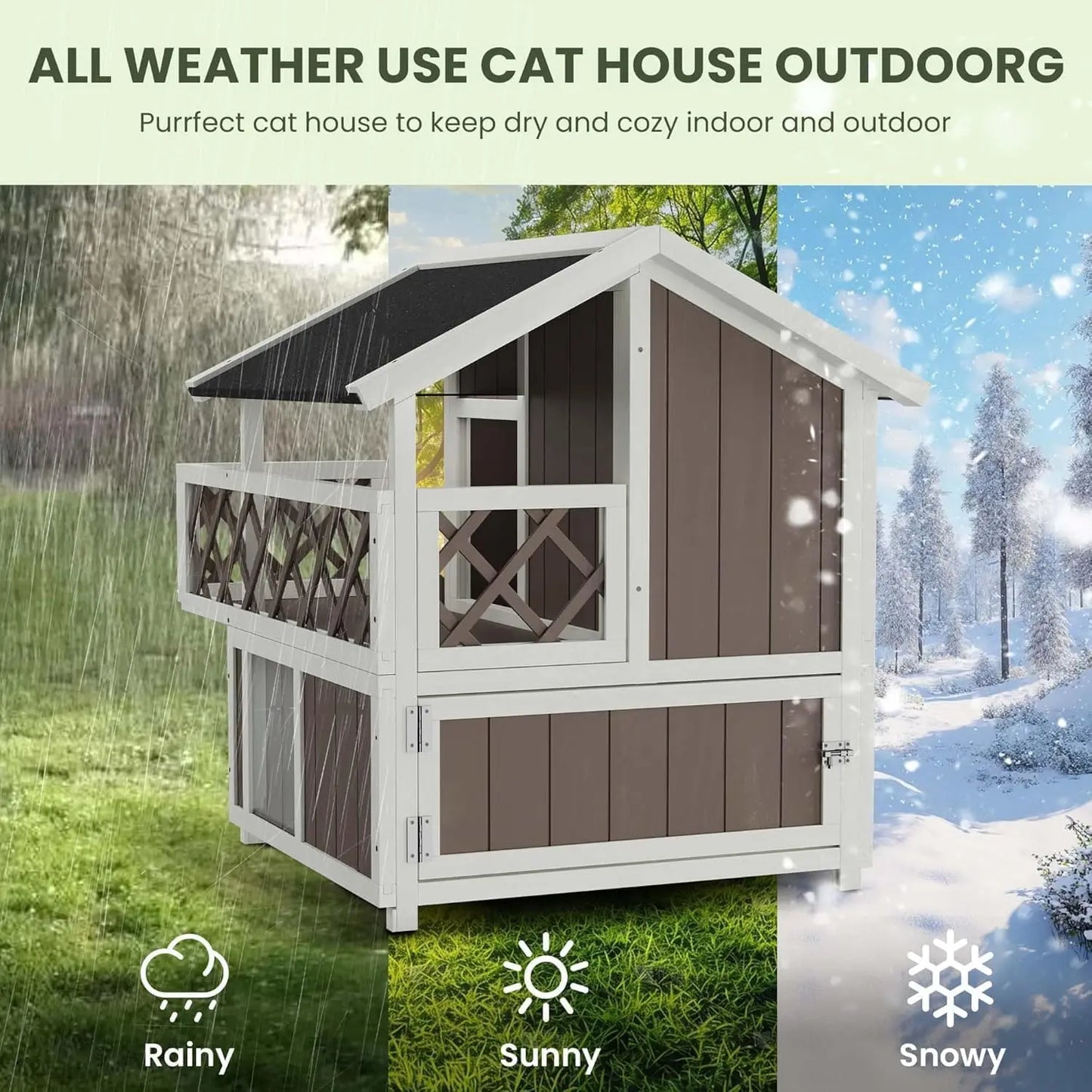 Wooden 2-Level Cat House Outdoor Indoor Weatherproof Shelter With Shade Balcony Side Stairs Guardrails Raised Floor For Cats