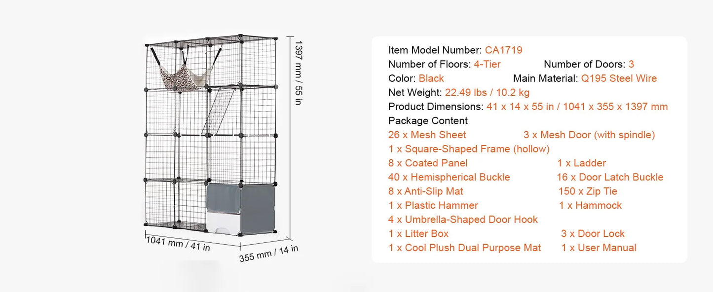 SucceBuy Large Cat Cage Detachable Metal Wire Cat Enclosure with Front Doors Hammock Ramp ladders Crate Exercise Place for Cat