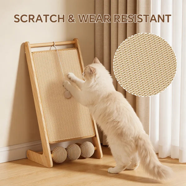 L-shaped sisal cat scratcher with hanging ball, satisfies cats' scratching and playing instincts