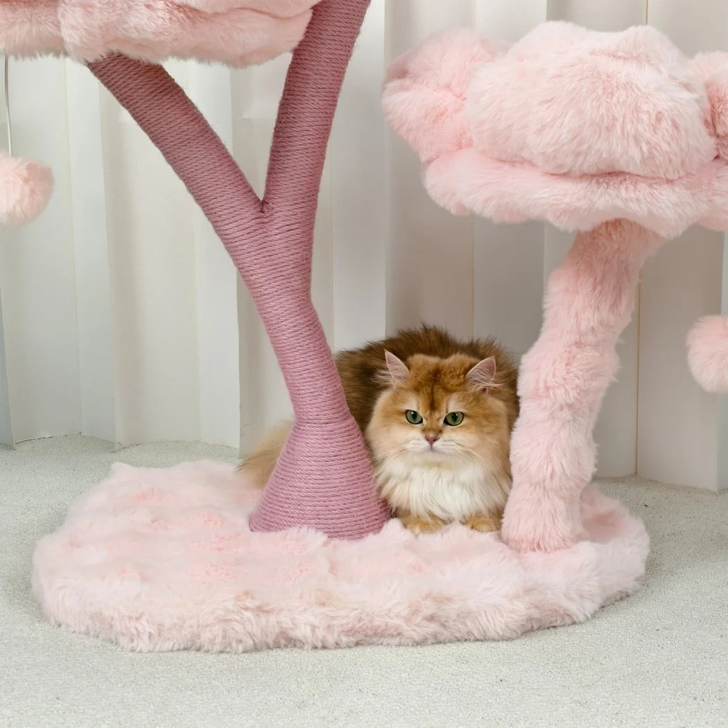 105cm Tall Pink Flower Cat Tree Tower with Scratching Post Wood Branch Cat Cushioned Bed Hanging Ball Toy