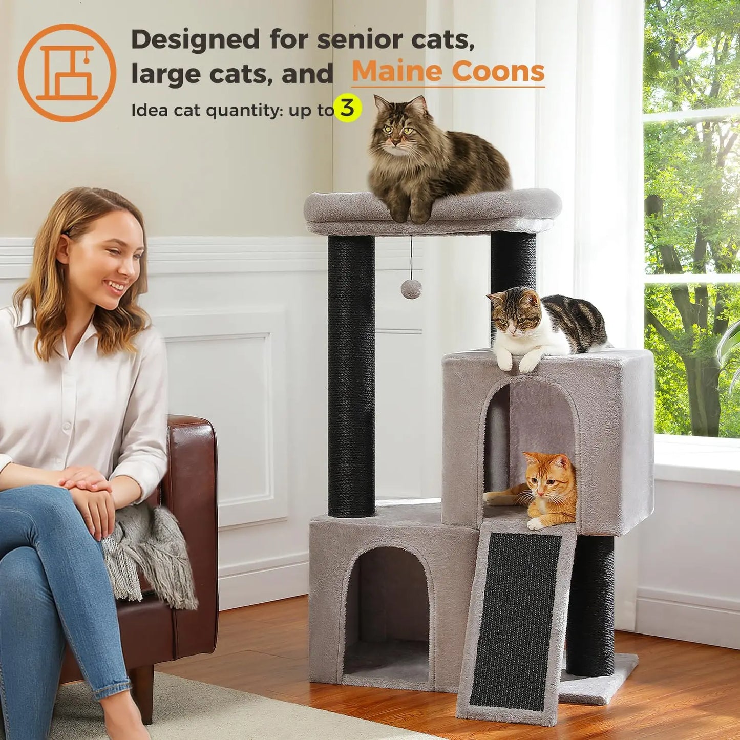 Cat Tree for Indoor Cats Adult, 45-Inch Heavy Duty Cat Tower with Sisal Scratching Ramp, 2 Cat Condo for Extra, Customized