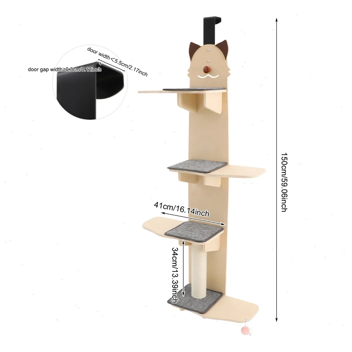 59 inch Door Hanging Cat Tree, Multi-Level Cat Climber with Scratch Post, Teaser Ball, Sturdy Wooden Shelves, Vertical Cat Furniture for Indoor Cats