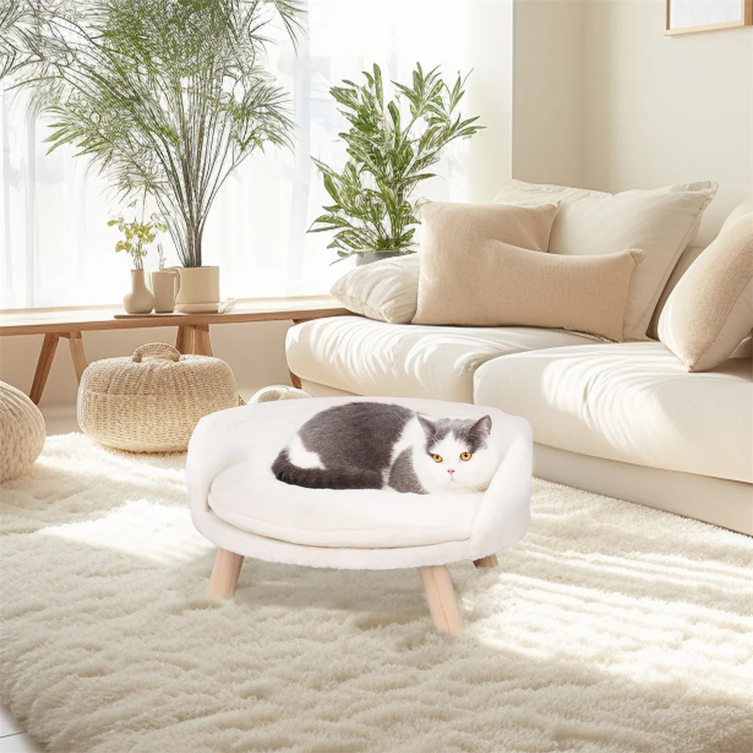 Luxury Soft Warm Plush Cat Bed Nesting Chair with Wood Legs Washable Waterproof Cushion Pad Pet Bed for Small Animals