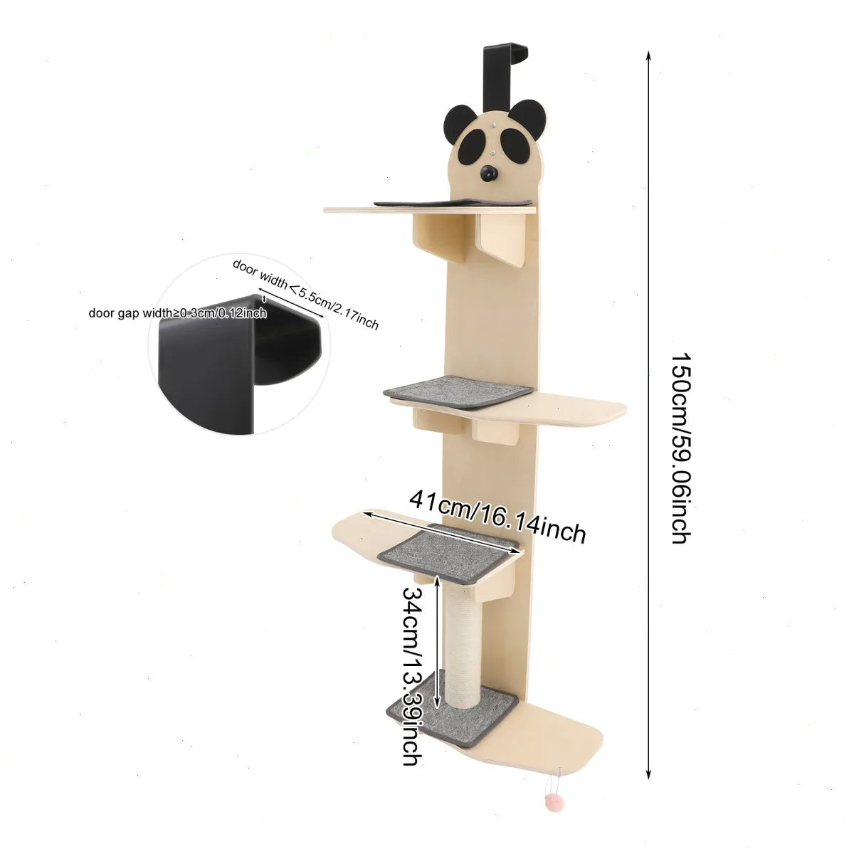 59 inch Door Hanging Cat Tree, Multi-Level Cat Climber with Scratch Post, Teaser Ball, Sturdy Wooden Shelves, Vertical Cat Furniture for Indoor Cats