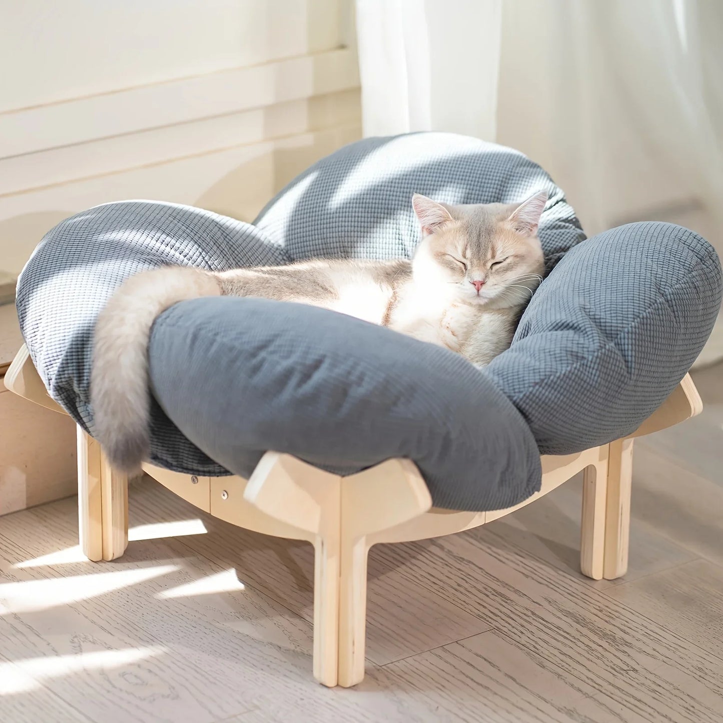 Raised Wooden Cat Bed With Cushion For Indoor Use