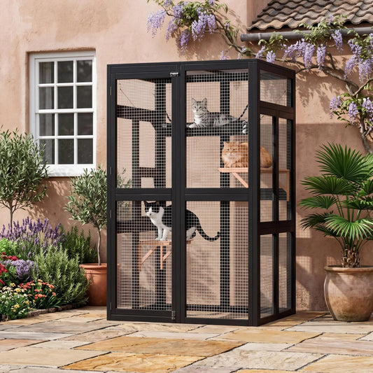 Outdoor Cat Enclosure Wooden Catio With Window Access Weatherproof Roof 2 Platforms And Hammock Walk In Large Cat House