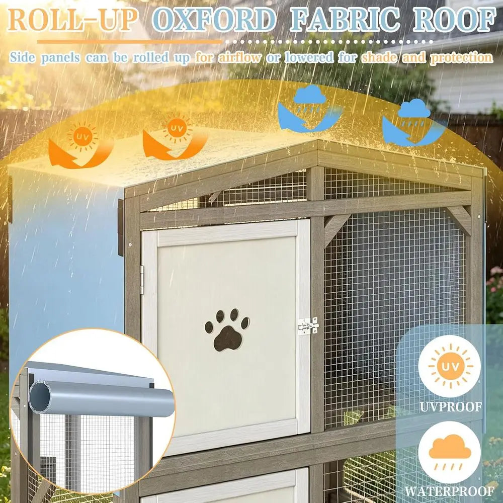 Weatherproof Wooden Cat Catio Enclosure Featuring Three Platforms and Mobility