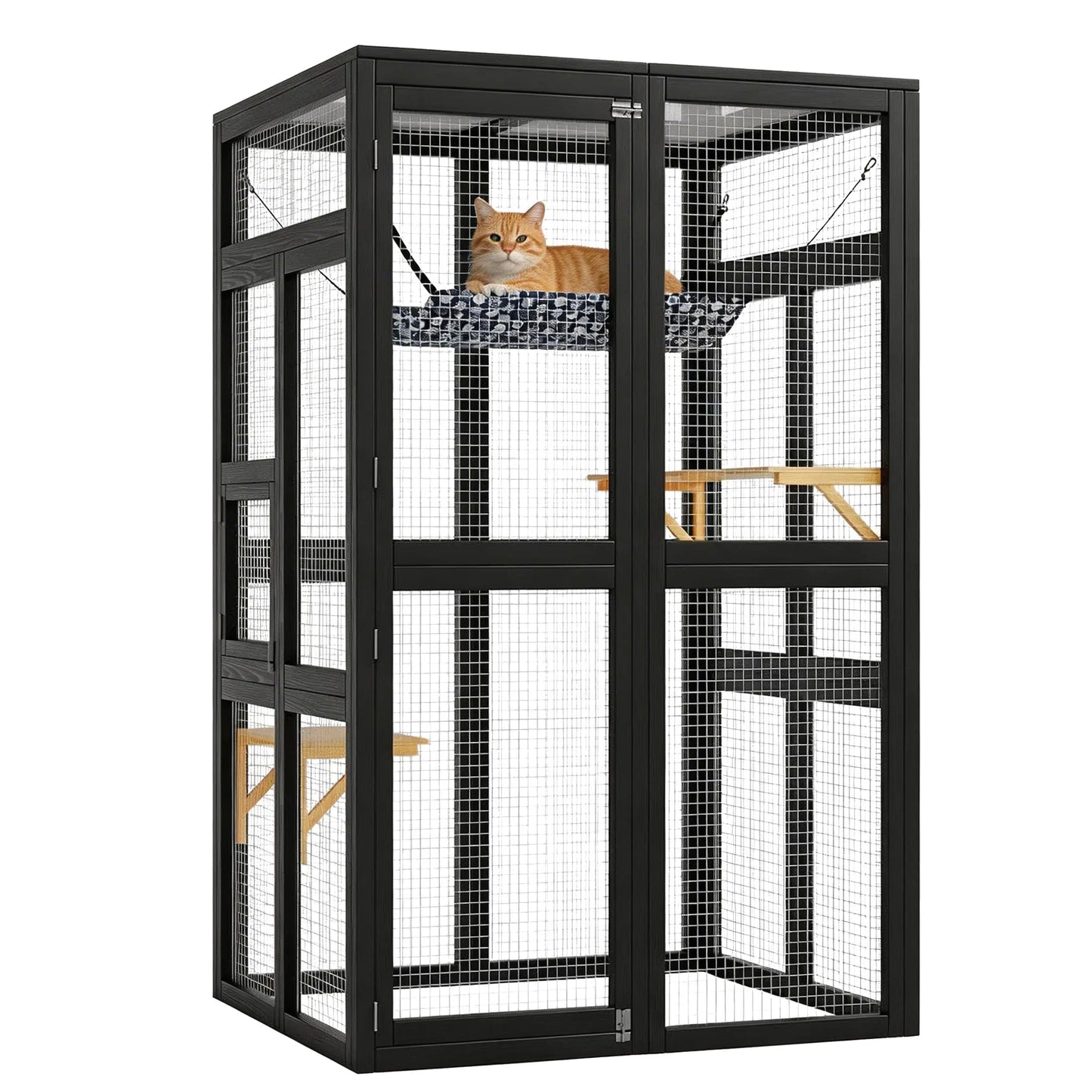 64 Inch Large Wooden Catio Outdoor Cat Enclosure Window Cat House with Wheels 3 Platforms Weatherproof Roof Cage