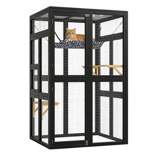 64 Inch Large Wooden Catio Outdoor Cat Enclosure Window Cat House with Wheels 3 Platforms Weatherproof Roof Cage