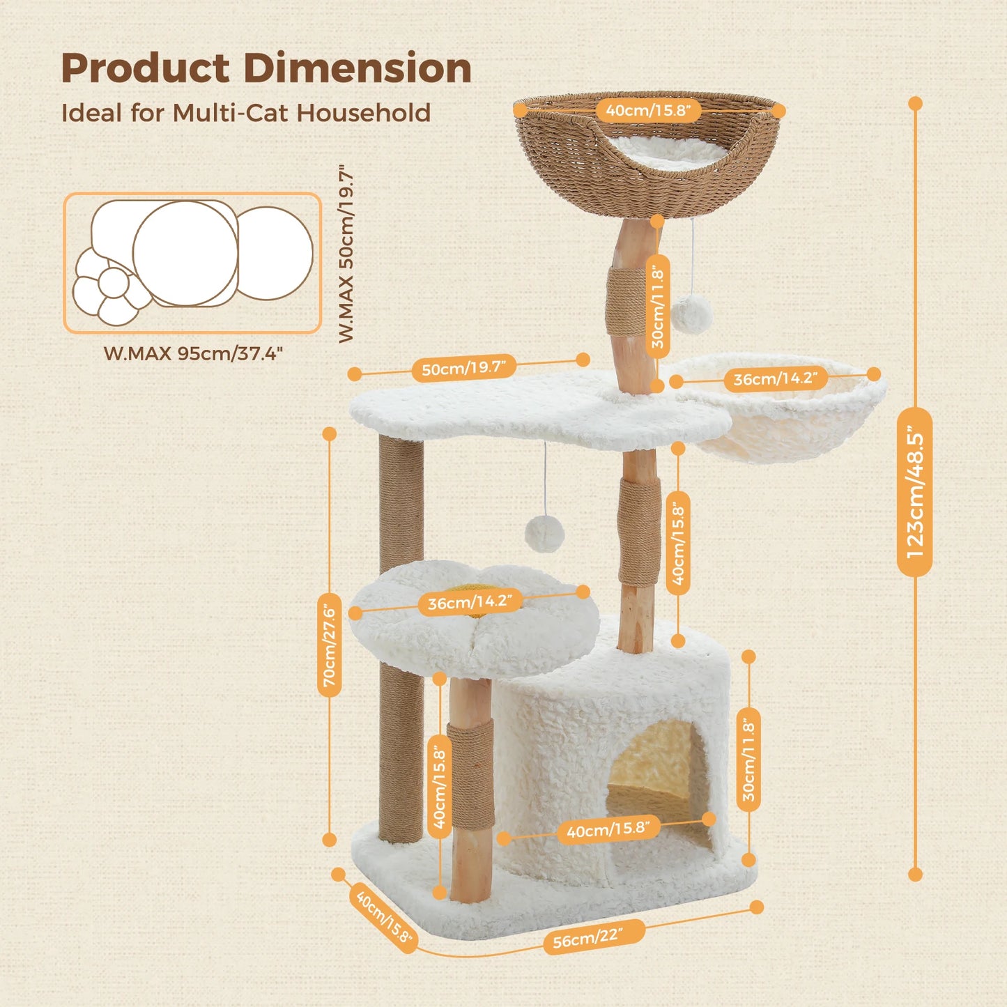 Modern Cat Tree for Indoor Cats Solid Wood Cat Tower with Luxury Cat Condo Cozy Hammock Scratching Post Flower Cat Bed Cat Toys