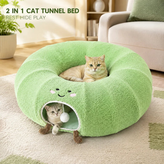 Convertible Cat Tunnel Bed With Plush Donut And Removable Cushion