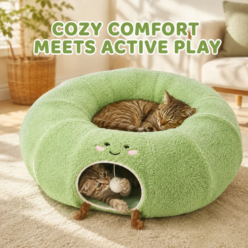 Convertible Cat Tunnel Bed With Plush Donut And Removable Cushion