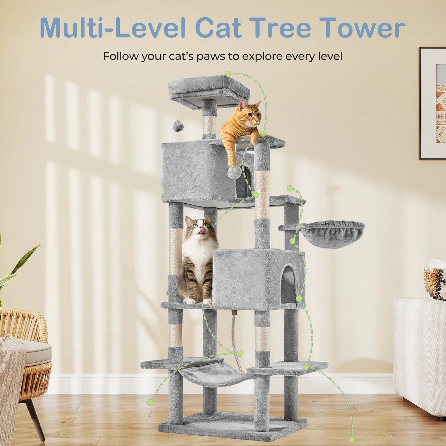 66-inch Multi-Level Cat Tree Tower with Sisal Scratching Posts, Cozy Cat Bed, Soft Hammock & Sturdy Platforms – Modern Design fo