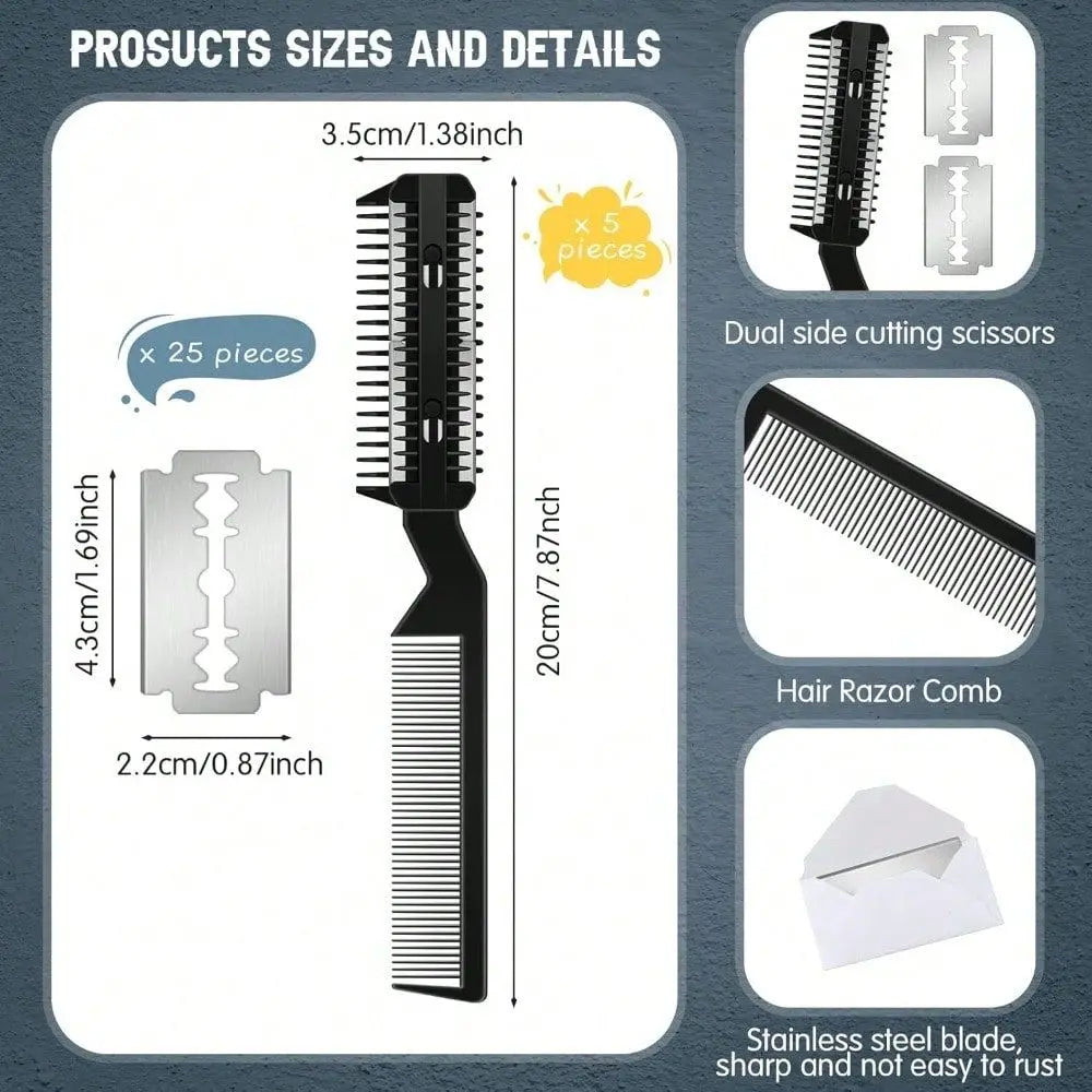 Pet Grooming Tool 5Piece Dog Hair Razor Comb Set With 25 Extra Blades For Dogs And Cats Black