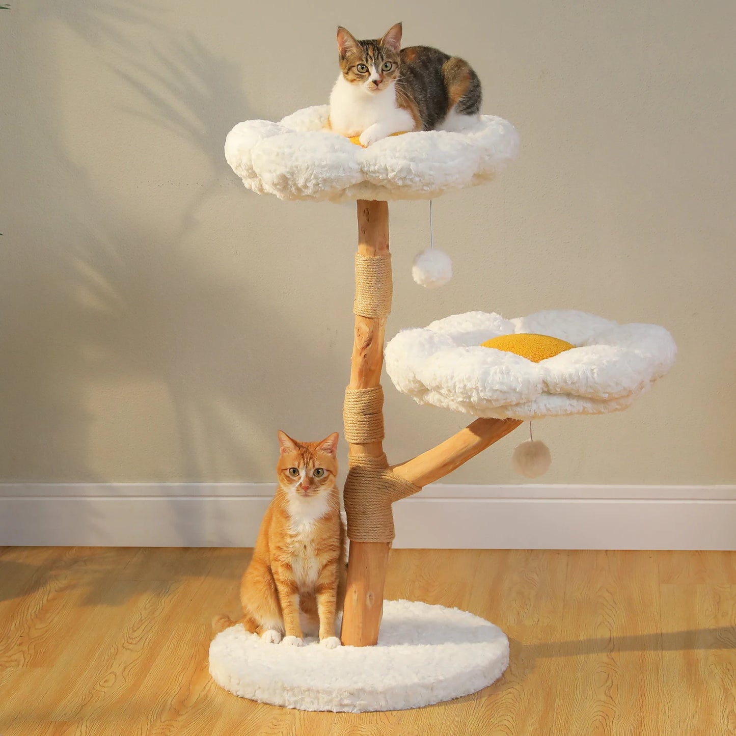 Wood Cat Tree with Wicker Basket Bed Sisal Scratching Posts Modern Cat Tower with Real Wood Branches Hanging Balls Luxury Boho Cat Furniture for Indoor Cat Toys