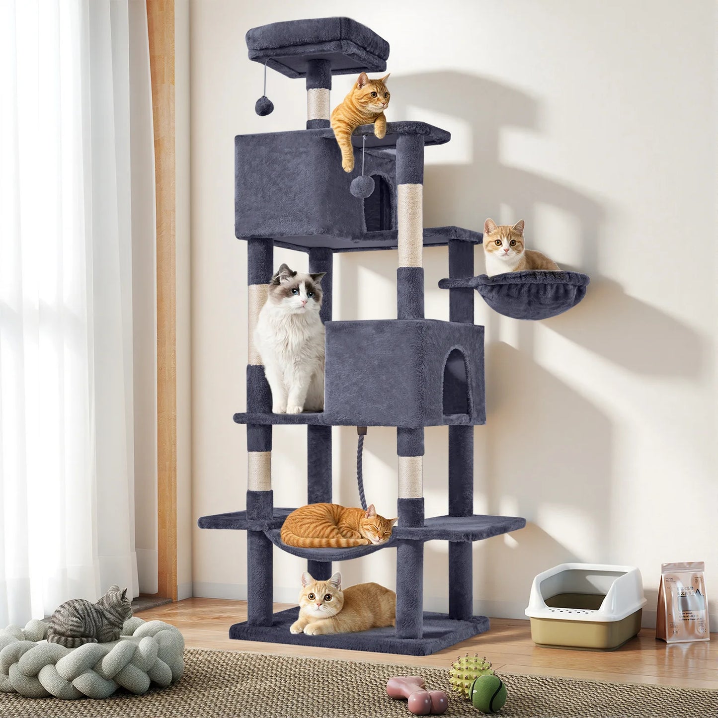 66-inch Multi-Level Cat Tree Tower with Sisal Scratching Posts, Cozy Cat Bed, Soft Hammock & Sturdy Platforms – Modern Design fo
