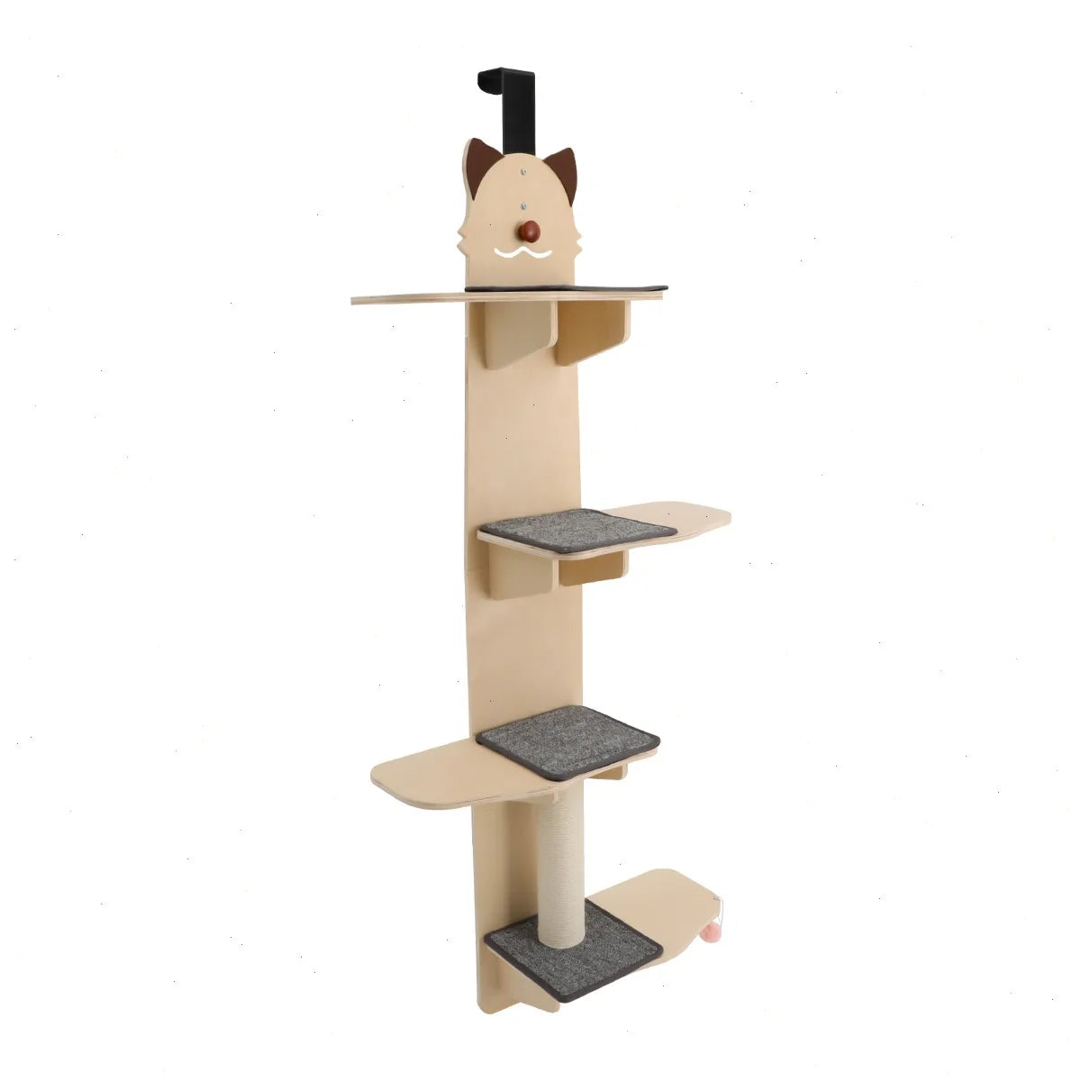 59 inch Door Hanging Cat Tree, Multi-Level Cat Climber with Scratch Post, Teaser Ball, Sturdy Wooden Shelves, Vertical Cat Furniture for Indoor Cats