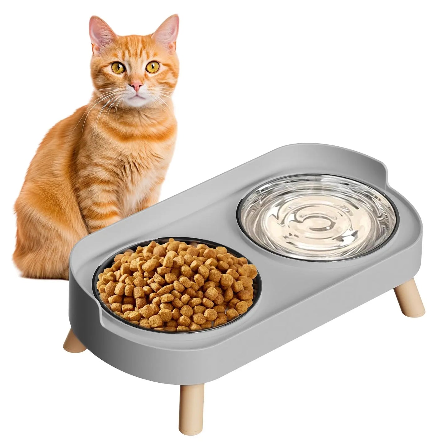 Elevated Cat Bowl, Raised Cat Food and Water Bowl Set for Indoor Cats, Splash Proof with  Stainless Steel Pet Food Bowls for Cats and Puppies, Whisker Fatigue and Dishwasher Safe - White