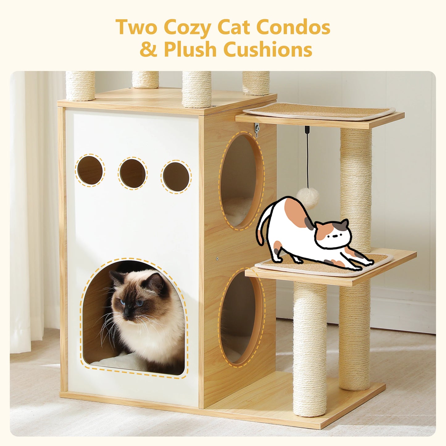 PETEPELA Wooden Cat Tree Tower With Condo And Scratching Posts