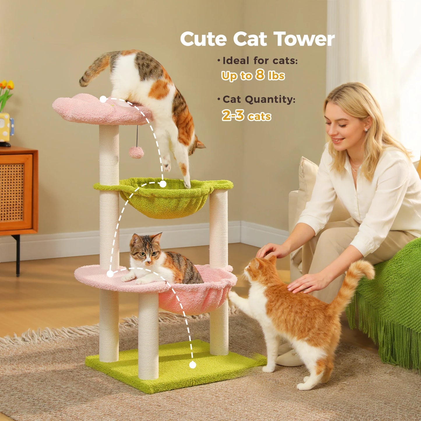 Flower Cat Tree with 2 Cozy Hammocks Sisal Scratching Posts Soft Top Perch Small Cat Tower for Indoor Kitty Cat Furniture Cat Toys