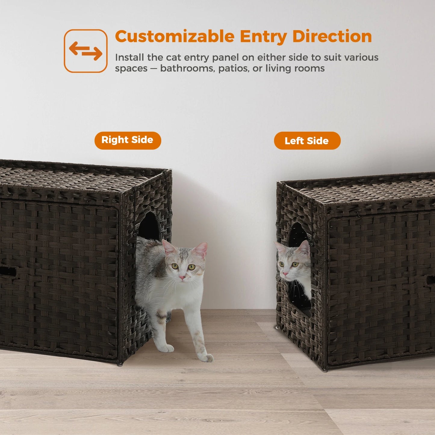 Rattan Cat Litter Box Enclosure with Taller Doorway and Flip-Up Design-More Space Raised Edge Mat-Cat House Cabinet Furniture