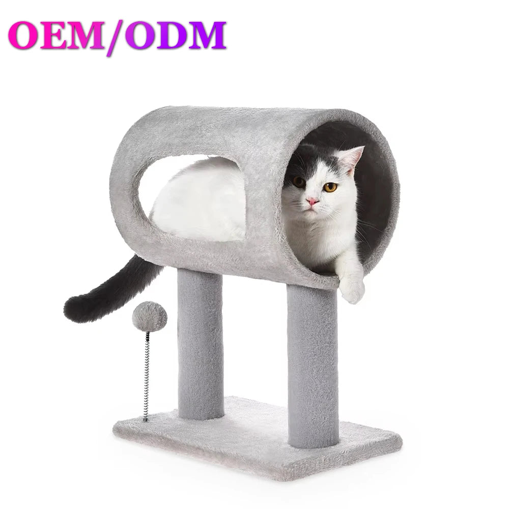 Modern Cat Tree with Plush Tunnel and Scratching Post, Indoor Cat Tower with Hanging Ball Toy for Kittens and Cats