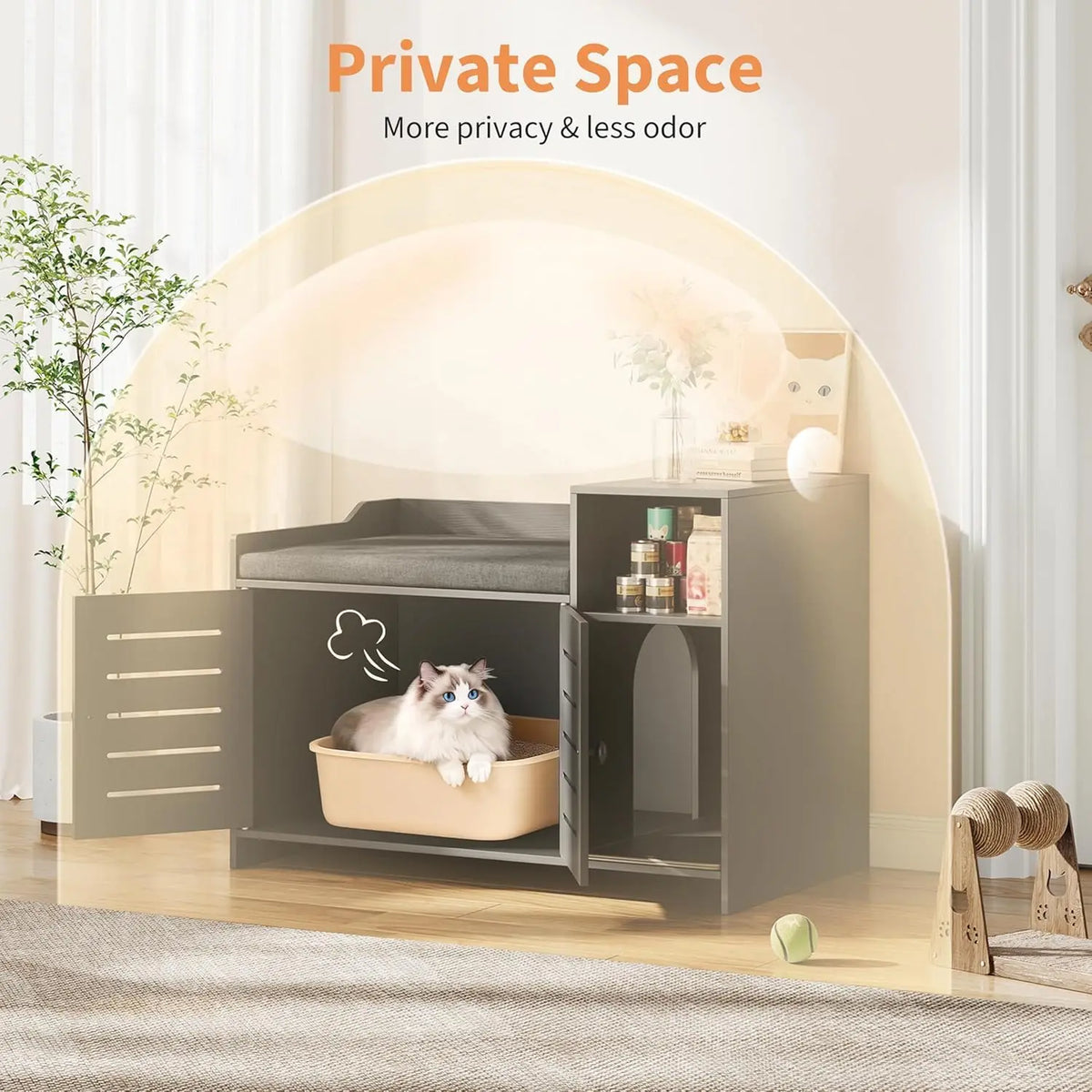Farmhouse Cat Litter Box Enclosure Scratch Pad Storage Cabinet