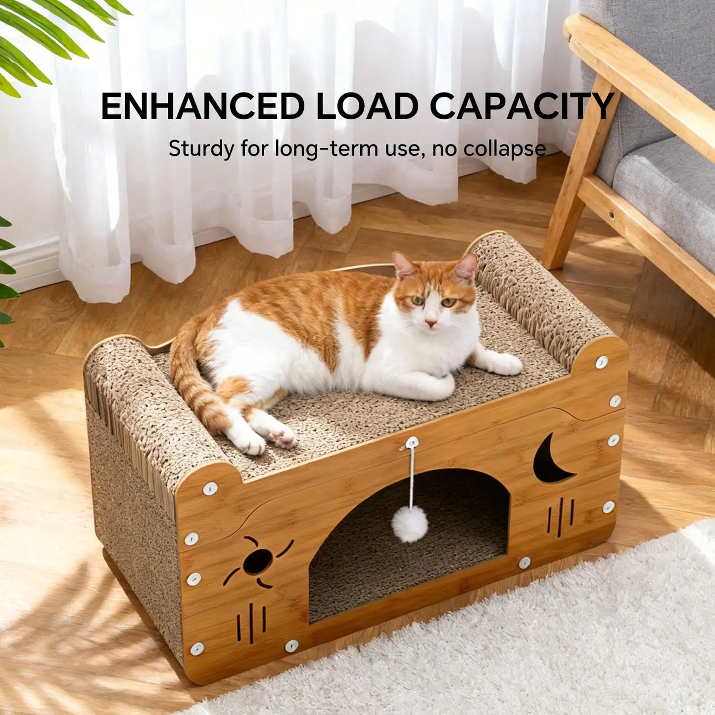 2 In 1 Double Layer Cardboard Cat Scratcher Lounge Bed Bubble Fish Star Moon Double Cat Head Pattern Detachable Upper Platform Cat Hideaway With 2 Hanging Pom Pom Balls For Multi Cat Households