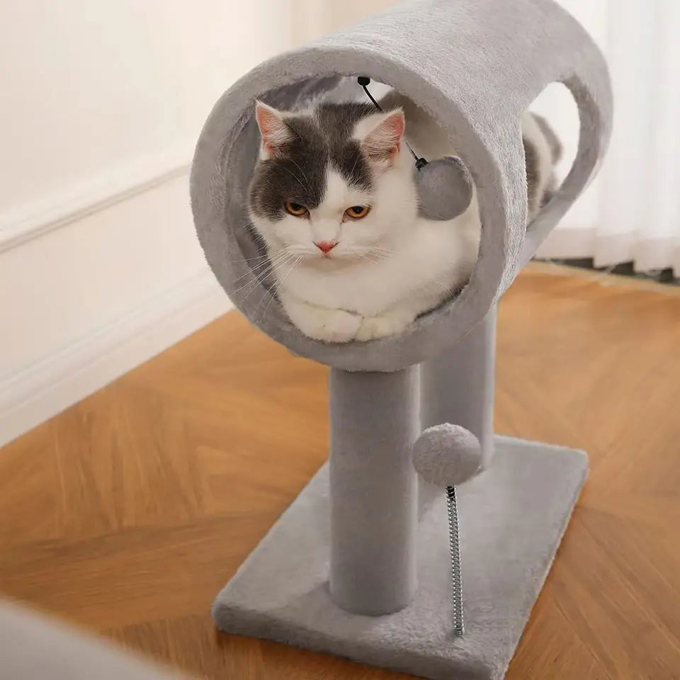 Modern Cat Tree with Plush Tunnel and Scratching Post, Indoor Cat Tower with Hanging Ball Toy for Kittens and Cats