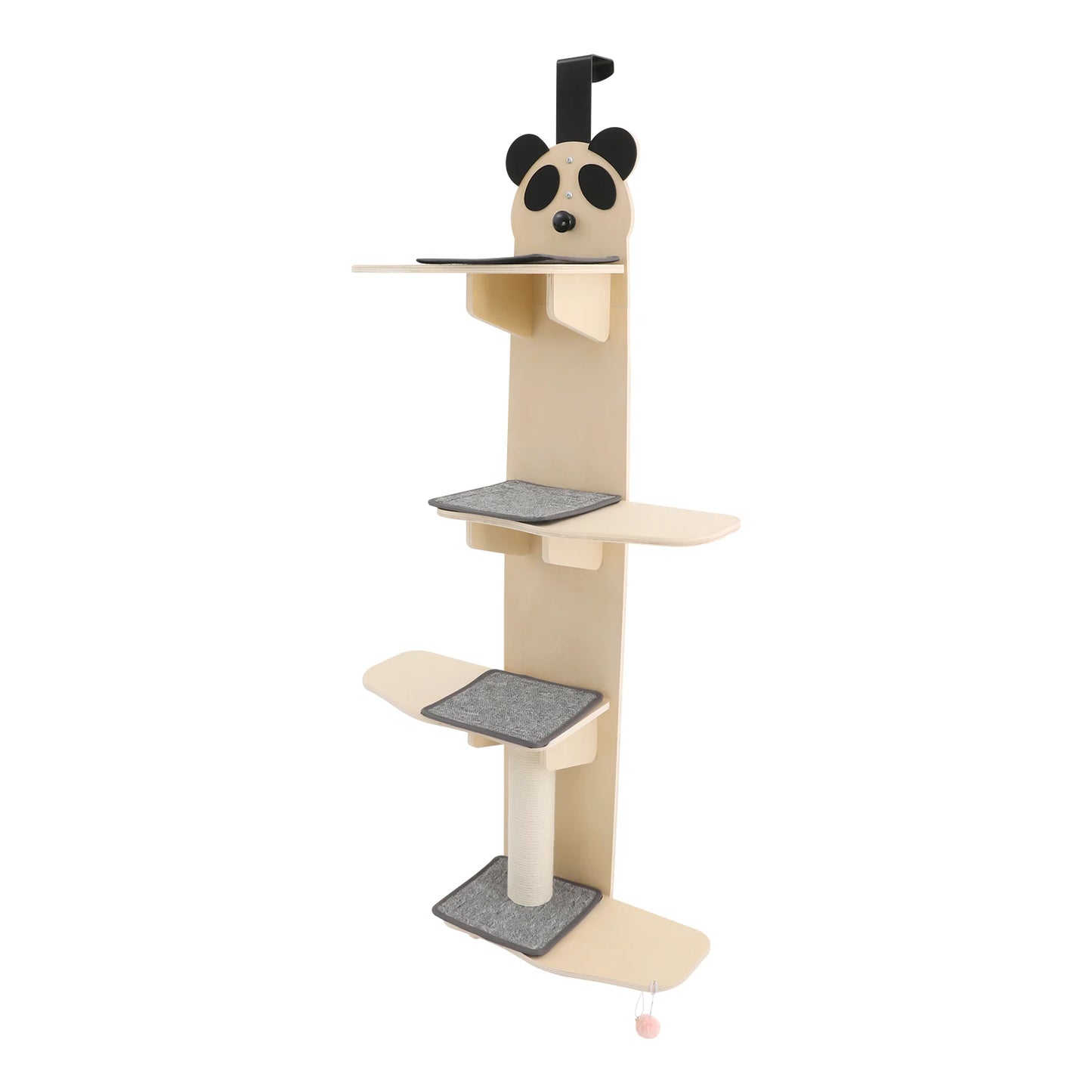 Light Wood Color Panda Head Solid Wood Cat Door Hanger 4-tier Door Hanging Cat Climber with Tease Ball Cat Tree Tower for  Cats To Climb, Scratch, Play, Rest