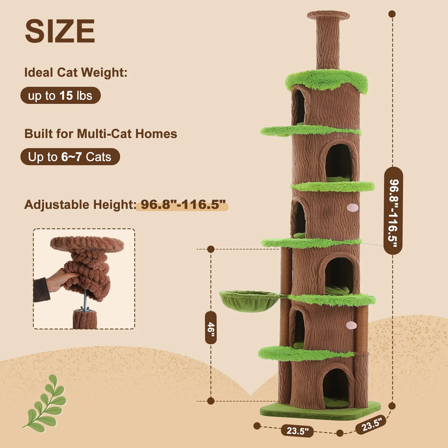 Floor to Ceiling Cat Tree with 6 Spacious Condos Sisal Scratching Posts Cozy Hammock Adjustable Height Large Cat Tower for Indoor Cats Multi-Level Cat House Bed Cat Toys