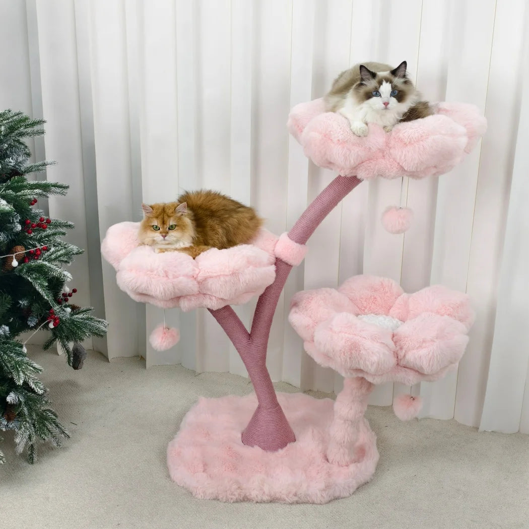 105cm Tall Pink Flower Cat Tree Tower with Scratching Post Wood Branch Cat Cushioned Bed Hanging Ball Toy