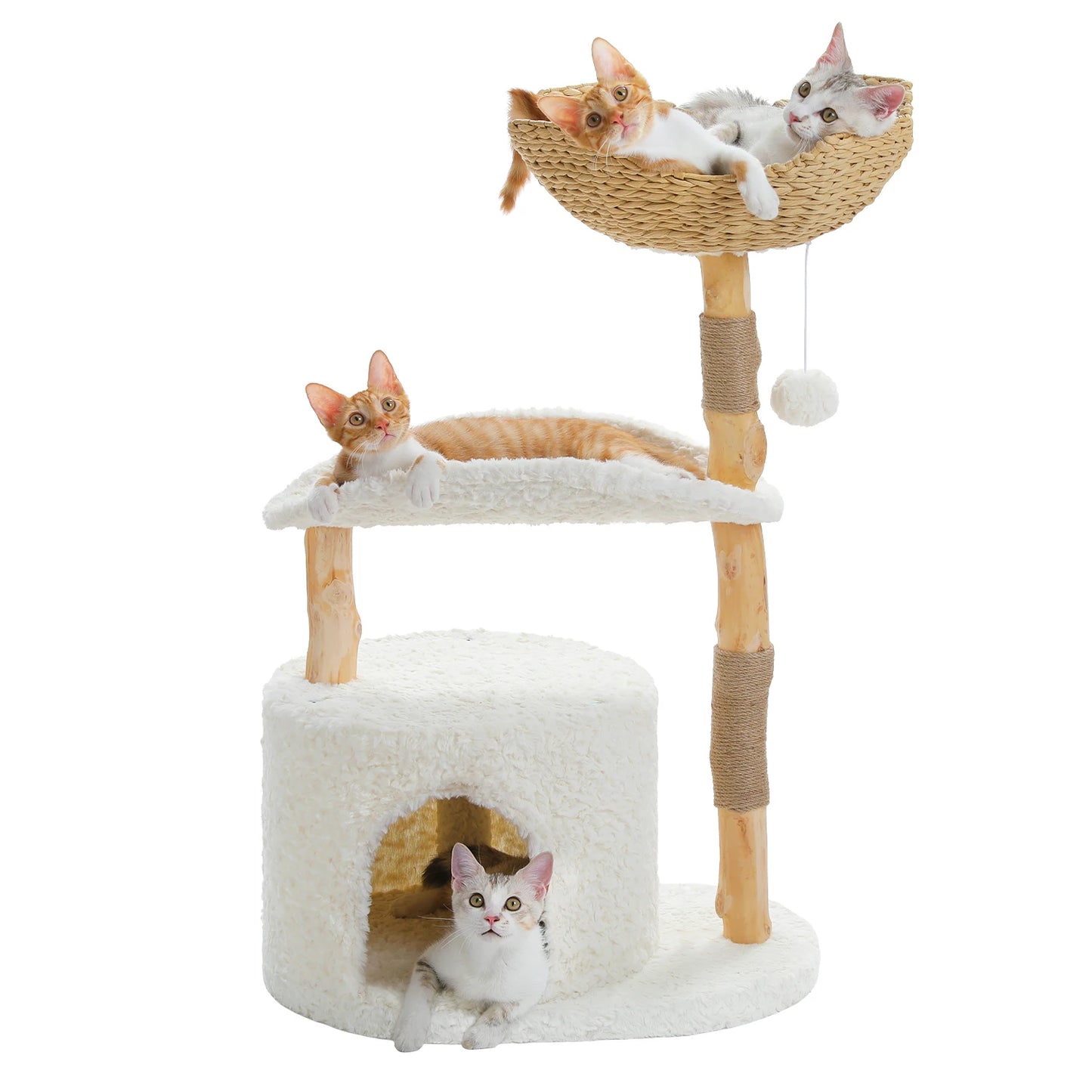 PAWZ Road Modern Cat Tree Tower With Solid Wood Scratching Posts And Basket