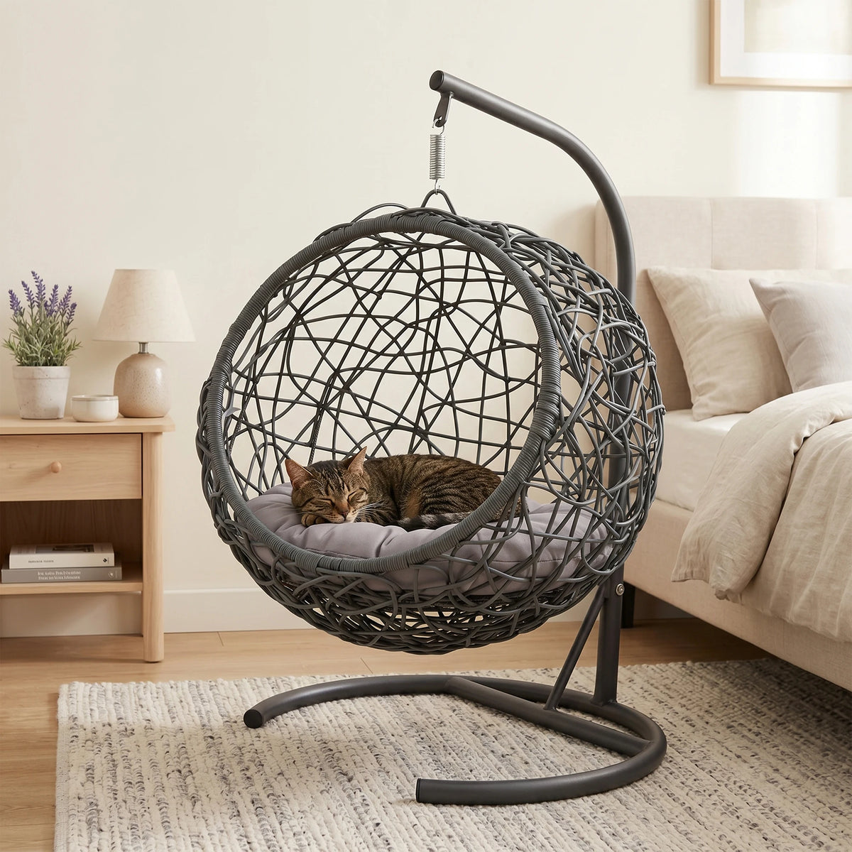Hanging Rattan Cat Swing Bed With Sturdy Floor Stand