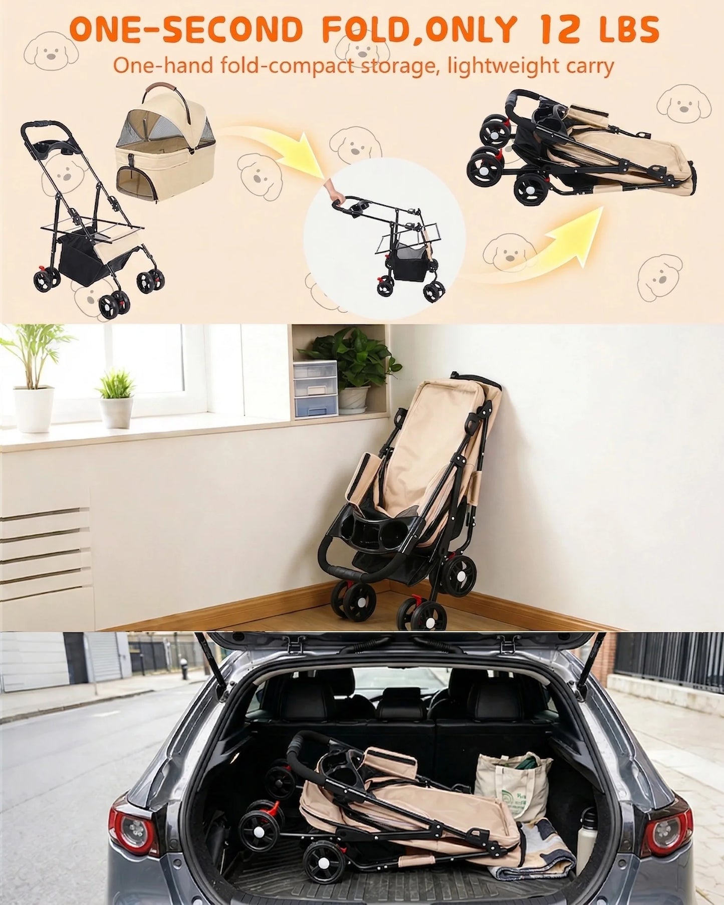 Cabusatly 2-In-1 Pet Stroller Foldable For Small Dogs And Cats