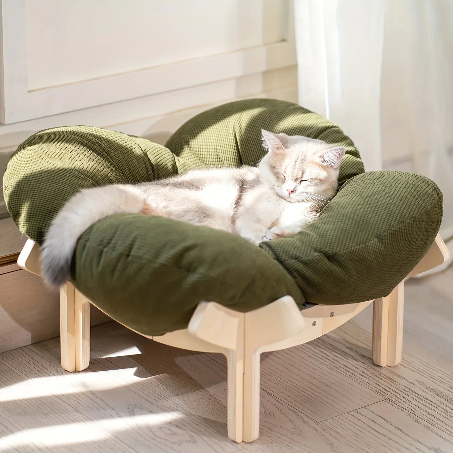 Raised Wooden Cat Bed With Cushion For Indoor Use