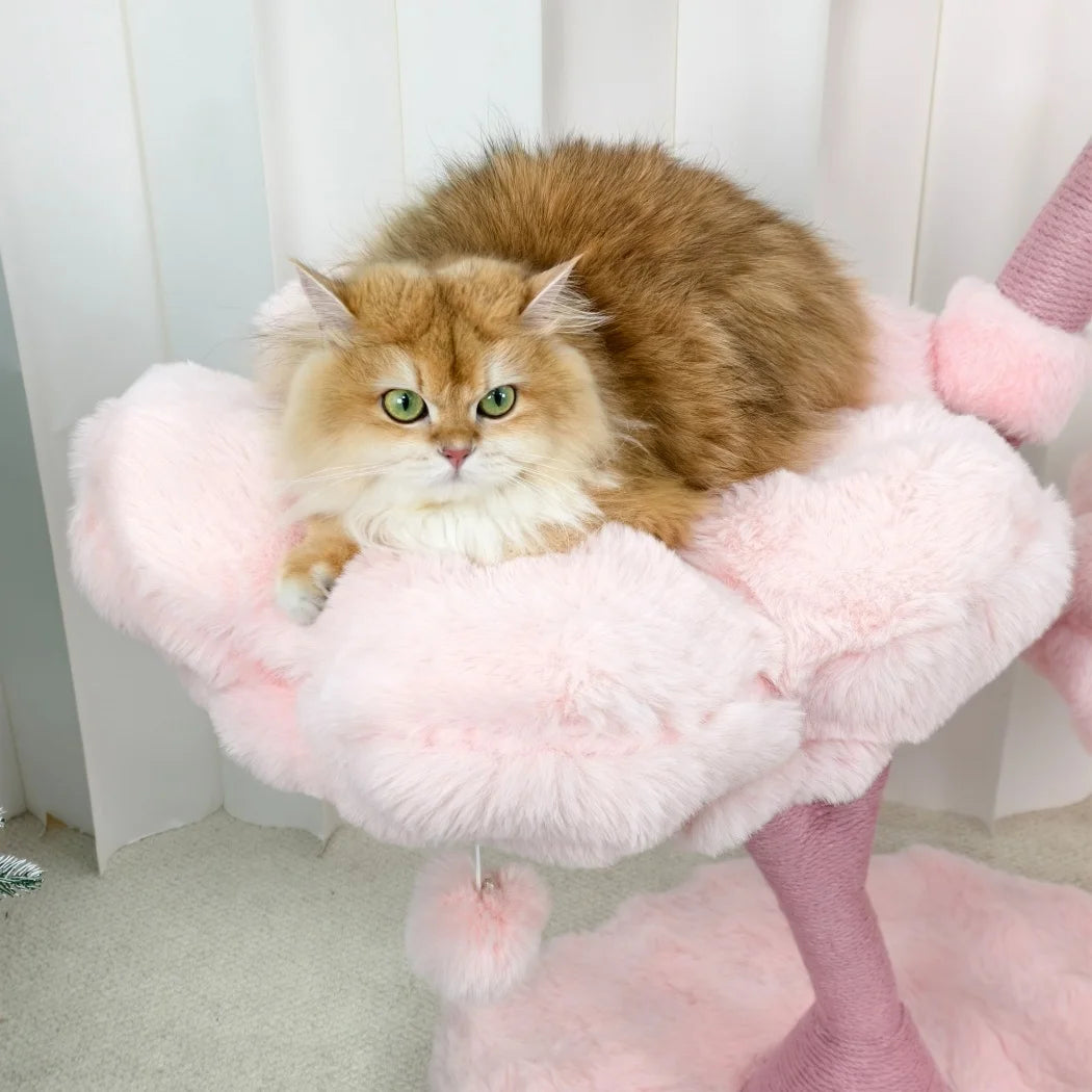 105cm Tall Pink Flower Cat Tree Tower with Scratching Post Wood Branch Cat Cushioned Bed Hanging Ball Toy