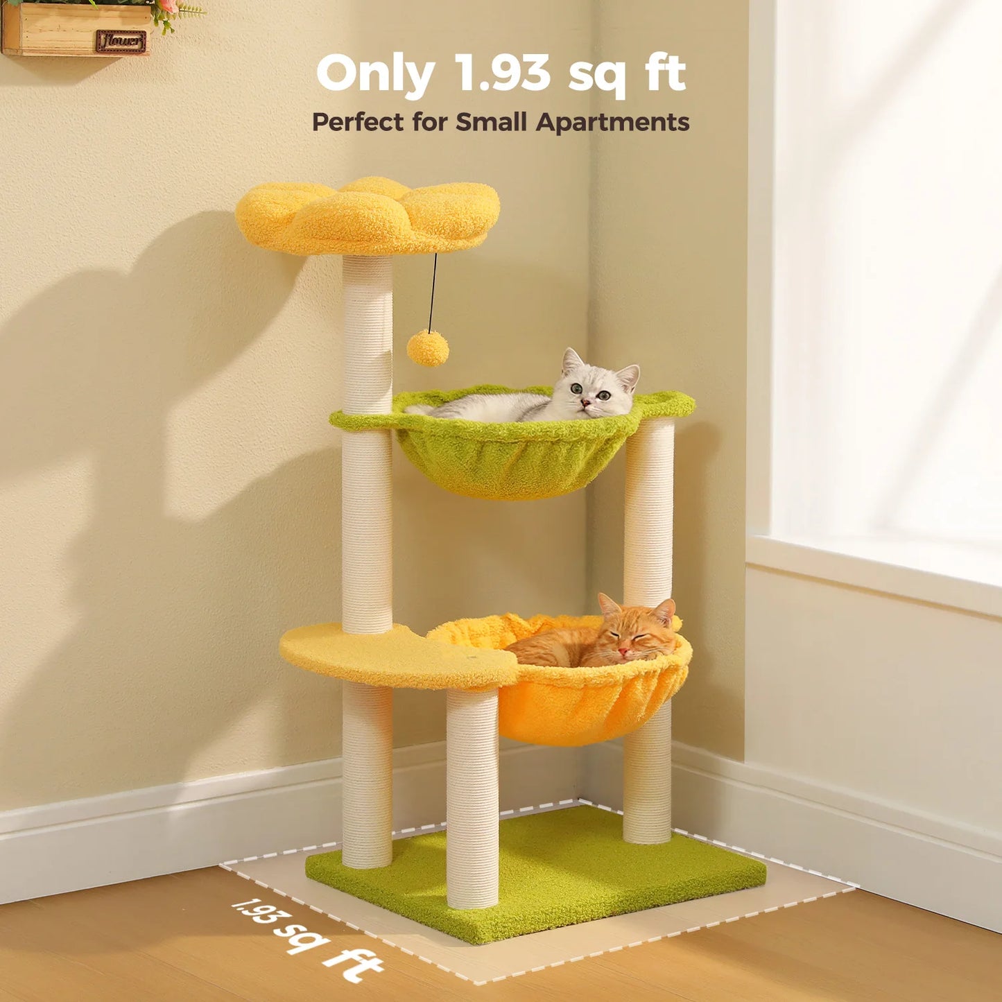Flower Cat Tree with 2 Cozy Hammocks Sisal Scratching Posts Soft Top Perch Small Cat Tower for Indoor Kitty Cat Furniture Cat Toys