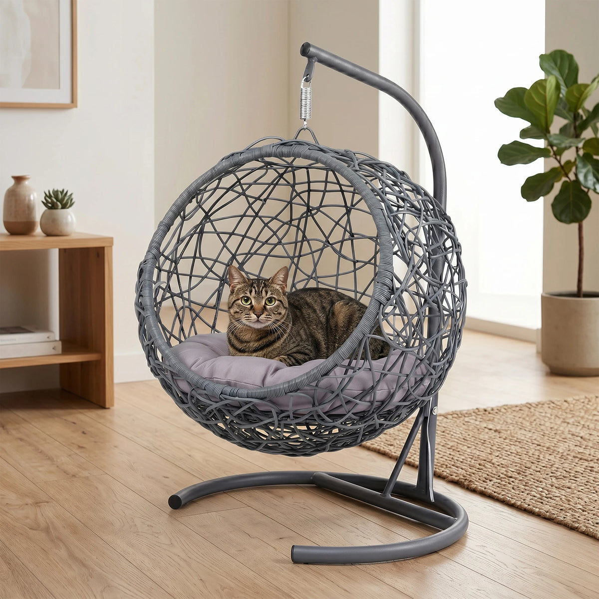 Hanging Rattan Cat Swing Bed With Sturdy Floor Stand