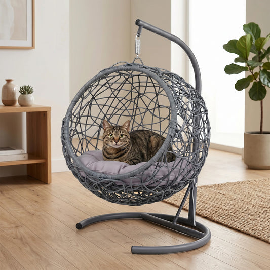 Hanging Rattan Cat Swing Bed With Sturdy Floor Stand