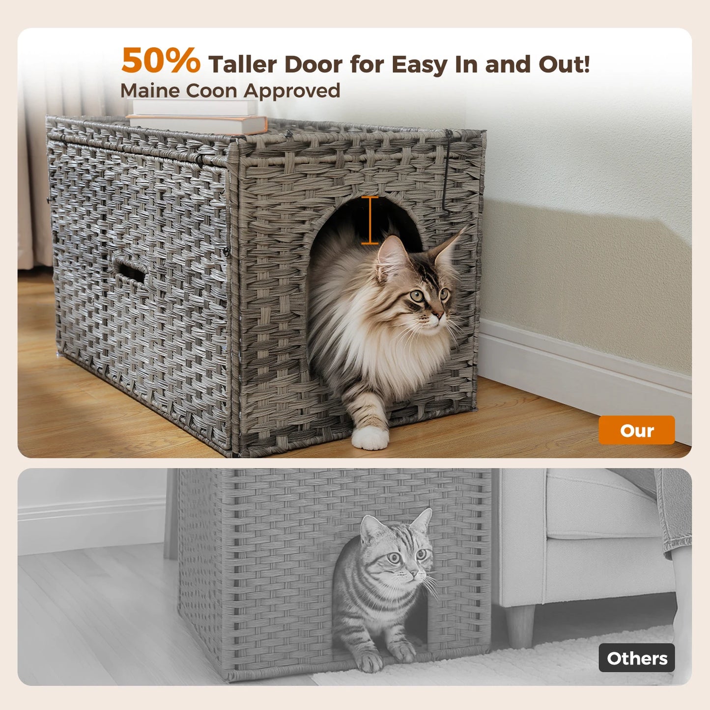 Rattan Cat Litter Box Enclosure with Taller Doorway and Flip-Up Design-More Space Raised Edge Mat-Cat House Cabinet Furniture
