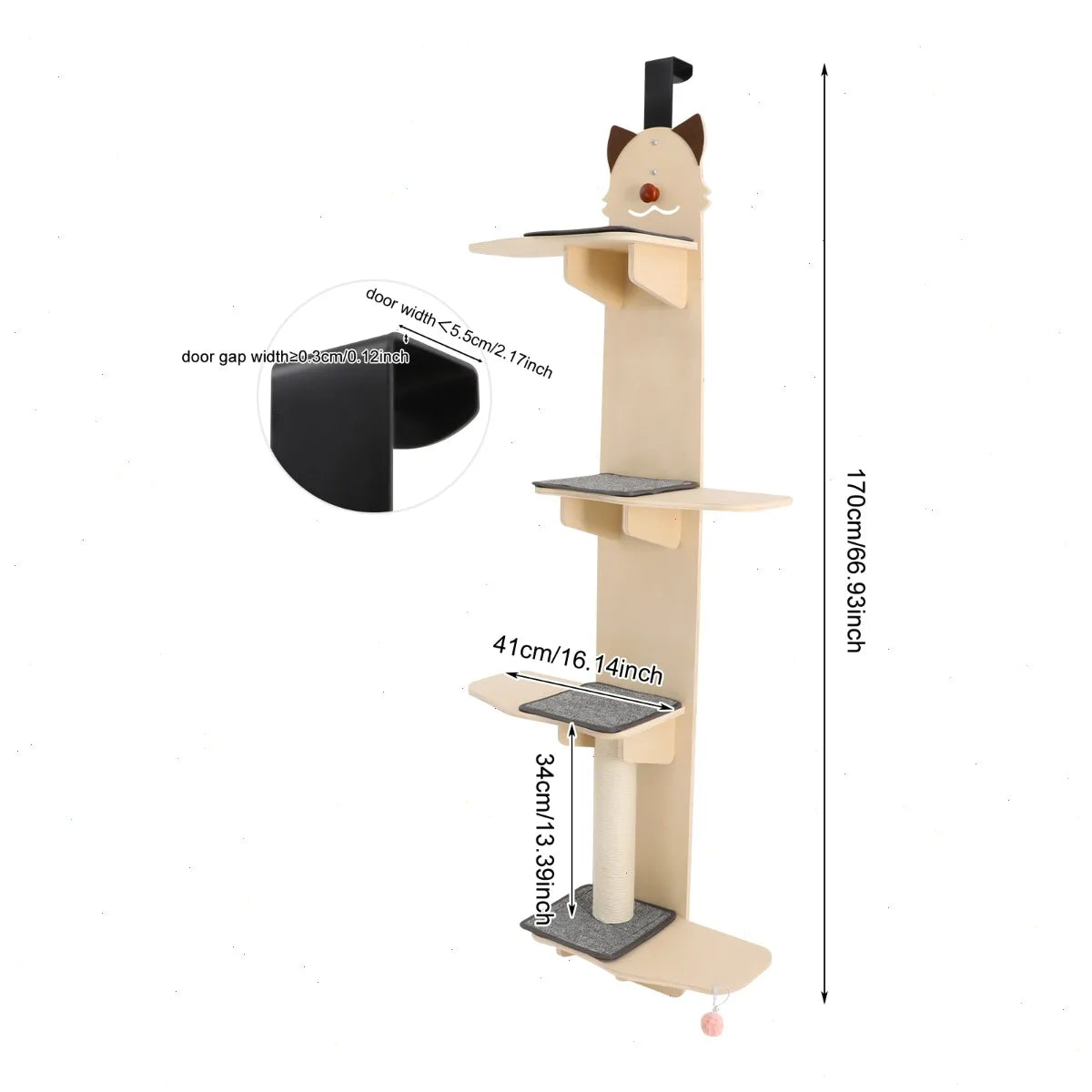 67inch Door Hanging Cat Tree, 4 Tiers Cat Climber with Strong Wood Shelves, Scratching Board, Teasing Ball, Indoor Vertical Cat Tower for Small Spaces